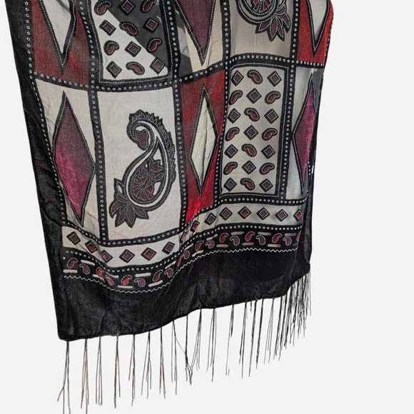 Vintage 90s Silk Viscose Paisley Geometric Fringe Shawl - Picture 4 of 5